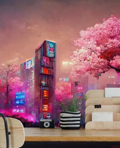 murale fantasy rosa personalizzabile chiamato Pink Fantasy Cityscape per camere da letto per adolescenti