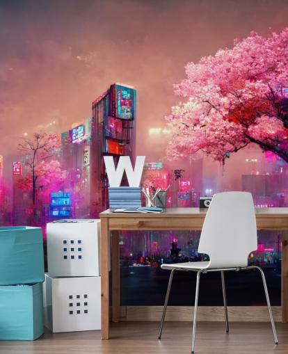 murale fantasy rosa personalizzabile chiamato Pink Fantasy Cityscape per camere da letto per adolescenti murale fantasy rosa personalizzabile chiamato Pink Fantasy Cityscape per camere da letto per adolescenti