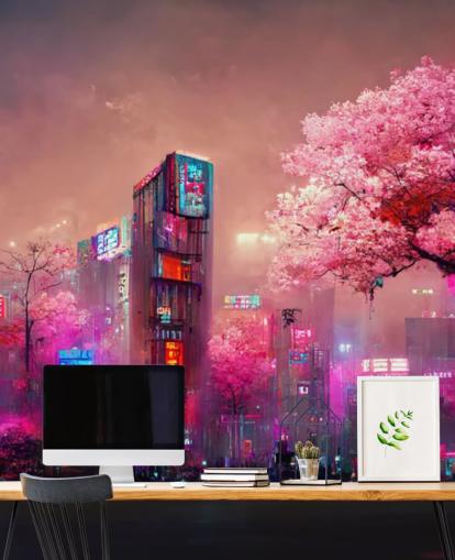 pink customisable fantasy wall mural called Pink Fantasy Cityscape for teen bedrooms
