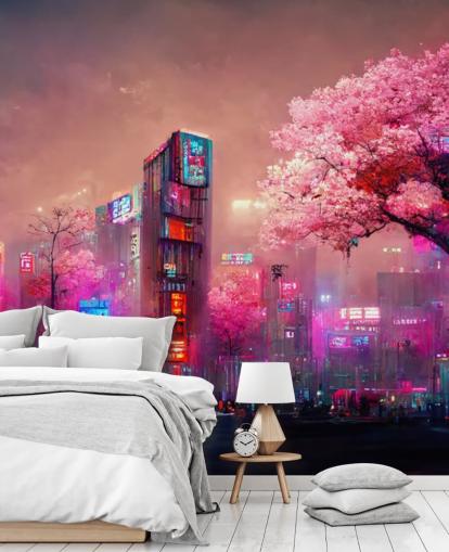 roze aanpasbare fantasiemuurschildering genaamd Pink Fantasy Cityscape voor tienerkamers roze aanpasbare fantasiemuurschildering genaamd Pink Fantasy Cityscape voor tienerkamers
