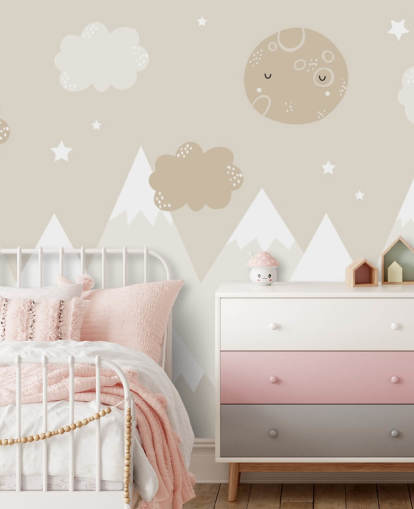 beige bergmuurschildering voor de kinderkamer