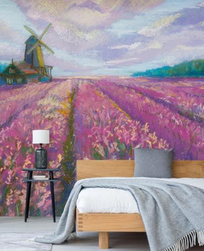 pink and purple landscape wall mural called Windmill and Lavender Field for bedrooms and living rooms