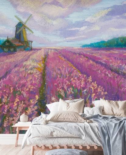 pink and purple landscape wall mural called Windmill and Lavender Field for bedrooms and living rooms