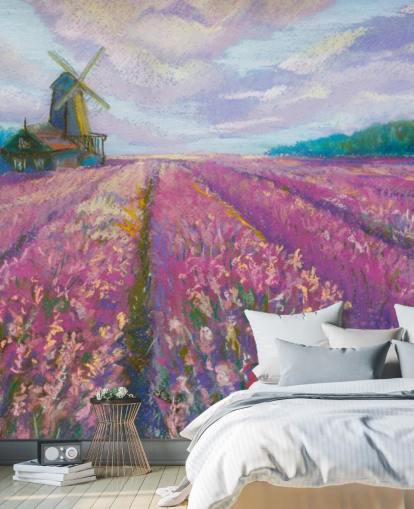 pink and purple landscape wall mural called Windmill and Lavender Field for bedrooms and living rooms