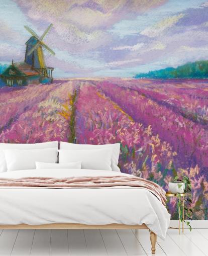 mural de pared de paisaje rosa y morado llamado Windmill and Lavender Field para dormitorios y salas de estar