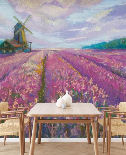 mural de pared de paisaje rosa y morado llamado Windmill and Lavender Field para dormitorios y salas de estar mural de pared de paisaje rosa y morado llamado Windmill and Lavender Field para dormitorios y salas de estar