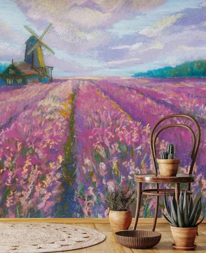 pink and purple landscape wall mural called Windmill and Lavender Field for bedrooms and living rooms pink and purple landscape wall mural called Windmill and Lavender Field for bedrooms and living rooms