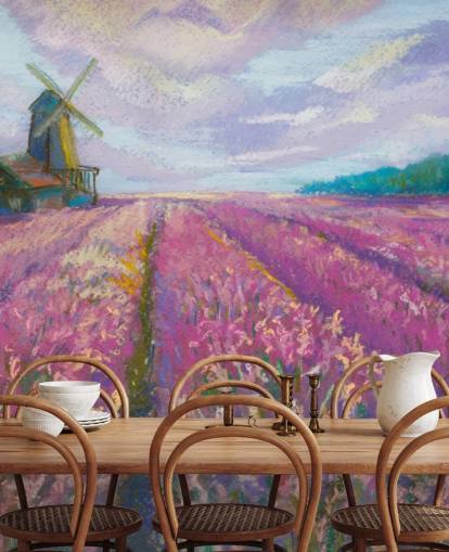 mural de pared de paisaje rosa y morado llamado Windmill and Lavender Field para dormitorios y salas de estar