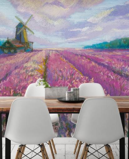 pink and purple landscape wall mural called Windmill and Lavender Field for bedrooms and living rooms
