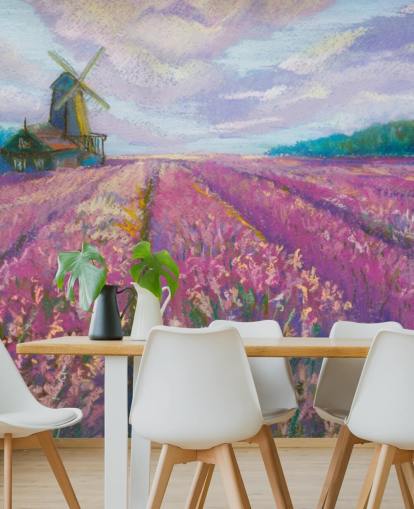 mural de pared de paisaje rosa y morado llamado Windmill and Lavender Field para dormitorios y salas de estar