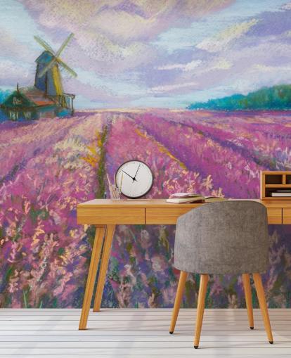 murale con paesaggio rosa e viola chiamato Windmill and Lavender Field per camere da letto e salotti