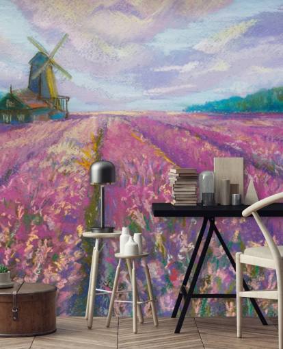 peinture murale de paysage rose et violet appelée Moulin à vent et champ de lavande pour les chambres et les salons