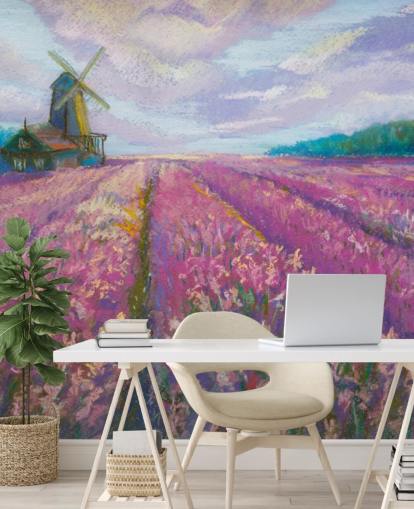mural de parede de paisagem rosa e roxa chamado Windmill and Lavender Field para quartos e salas de estar mural de parede de paisagem rosa e roxa chamado Windmill and Lavender Field para quartos e salas de estar