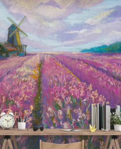 pink and purple landscape wall mural called Windmill and Lavender Field for bedrooms and living rooms
