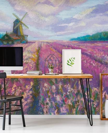 mural de parede de paisagem rosa e roxa chamado Windmill and Lavender Field para quartos e salas de estar