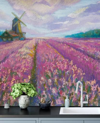 murale con paesaggio rosa e viola chiamato Windmill and Lavender Field per camere da letto e salotti