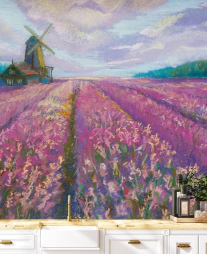 lyserødt og lilla landskabsvægmaleri kaldet Windmill and Lavender Field til soveværelser og stuer lyserødt og lilla landskabsvægmaleri kaldet Windmill and Lavender Field til soveværelser og stuer