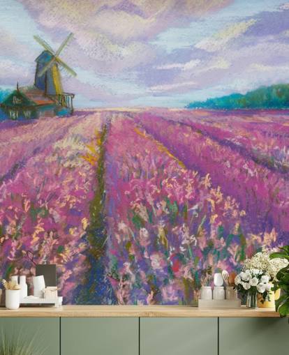 peinture murale de paysage rose et violet appelée Moulin à vent et champ de lavande pour les chambres et les salons
