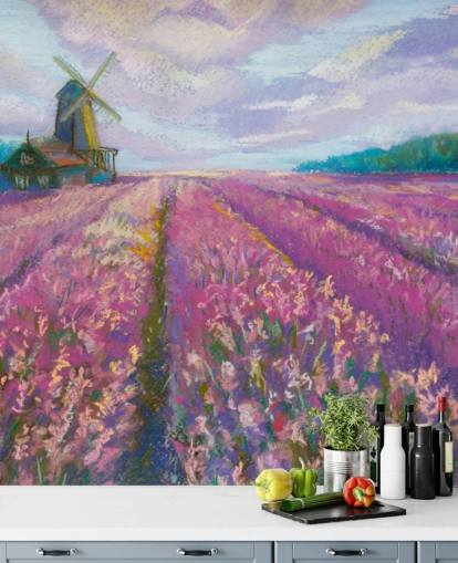 pink and purple landscape wall mural called Windmill and Lavender Field for bedrooms and living rooms pink and purple landscape wall mural called Windmill and Lavender Field for bedrooms and living rooms