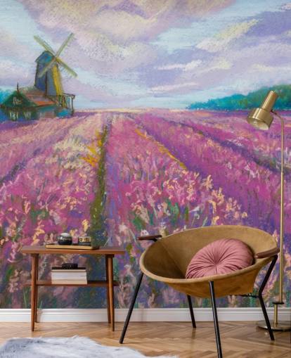 rosa och lila landskapsväggmålning kallad Windmill and Lavender Field för sovrum och vardagsrum