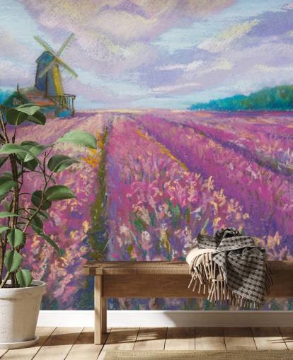 pink and purple landscape wall mural called Windmill and Lavender Field for bedrooms and living rooms