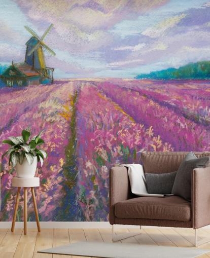 lyserødt og lilla landskabsvægmaleri kaldet Windmill and Lavender Field til soveværelser og stuer