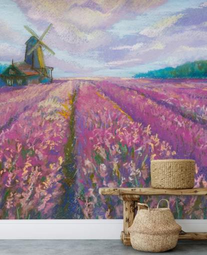 peinture murale de paysage rose et violet appelée Moulin à vent et champ de lavande pour les chambres et les salons