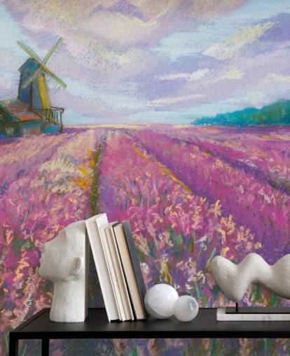mural de parede de paisagem rosa e roxa chamado Windmill and Lavender Field para quartos e salas de estar