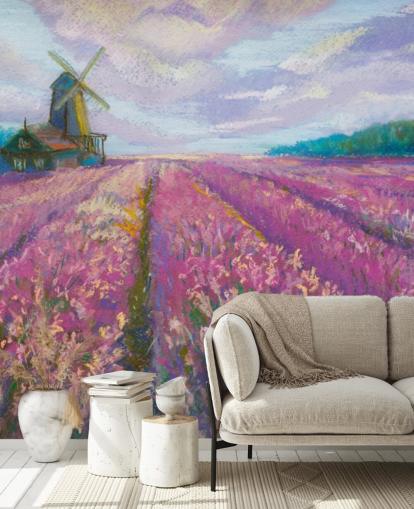 vaaleanpunainen ja violetti maisemaseinämaalaus nimeltä Windmill and Lavender Field makuuhuoneisiin ja olohuoneisiin