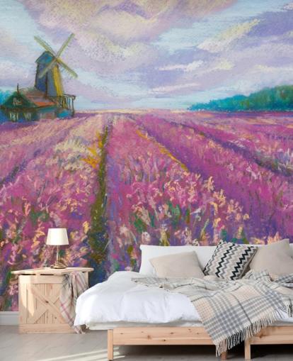 rosa og lilla landskapsveggmaleri kalt Windmill and Lavender Field for soverom og stuer