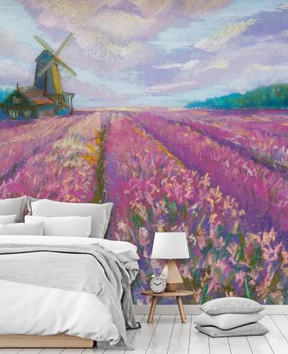 pink and purple landscape wall mural called Windmill and Lavender Field for bedrooms and living rooms pink and purple landscape wall mural called Windmill and Lavender Field for bedrooms and living rooms