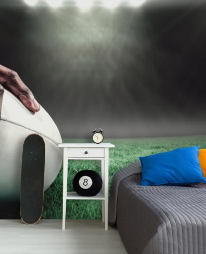 groen en zwart rugbybehang op maat genaamd Hand on Rugby Ball voor kinderkamers