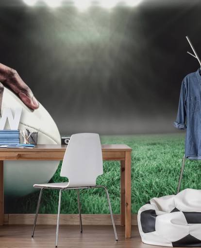 carta da parati rugby personalizzata verde e nera chiamata Hand on Rugby Ball per le camerette dei bambini