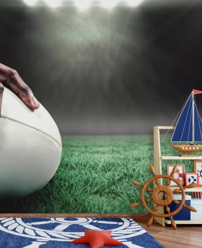 vihreä ja musta mukautettu rugby-taustakuva nimeltä Hand on Rugby Ball lasten makuuhuoneisiin