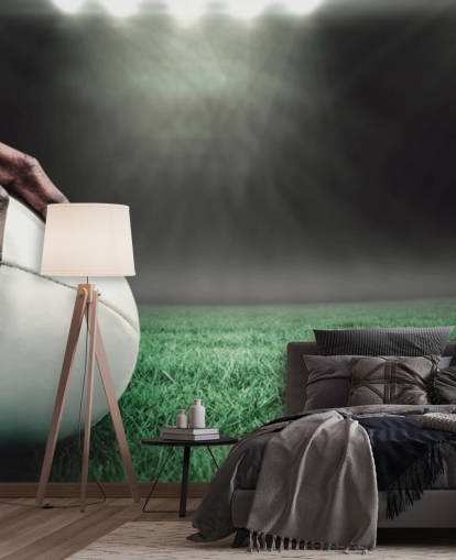 green and black custom rugby wallpaper called Hand on Rugby Ball for kid's bedrooms