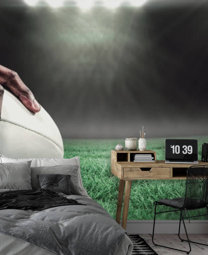 grønt og sort brugerdefineret rugby tapet kaldet Hand on Rugby Ball til børns soveværelser grønt og sort brugerdefineret rugby tapet kaldet Hand on Rugby Ball til børns soveværelser