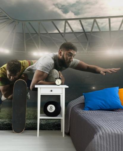 mural de papel de parede de rugby personalizado escuro chamado Rugby Tackle para ginásios e quartos infantis