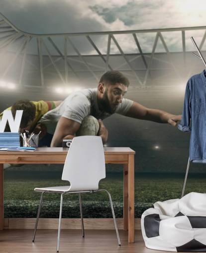 papier peint mural de rugby personnalisé foncé appelé Rugby Tackle pour les gymnases et les chambres d'enfants