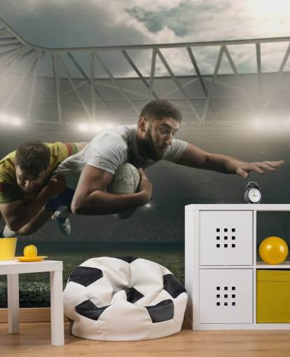 dark custom rugby wallpaper mural called Rugby Tackle for gyms and kid's bedrooms