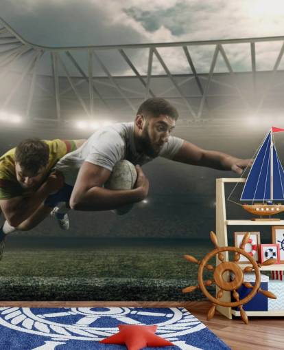 murale di carta da parati rugby personalizzato scuro chiamato Rugby Tackle per palestre e camerette per bambini