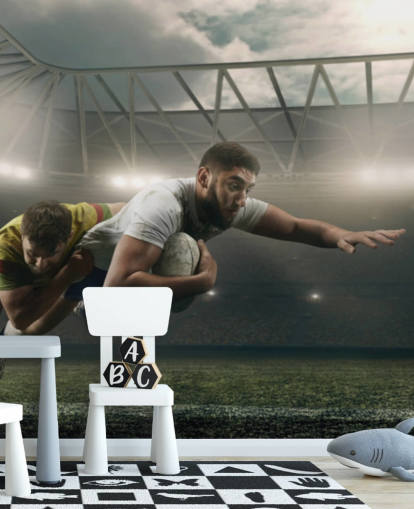 dark custom rugby wallpaper mural called Rugby Tackle for gyms and kid's bedrooms