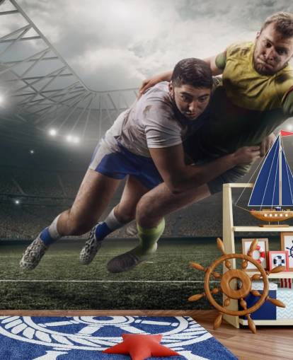 personalisierbare Rugby-Tapete mit dem Titel Scoring a Try für das Kinderzimmer personalisierbare Rugby-Tapete mit dem Titel Scoring a Try für das Kinderzimmer
