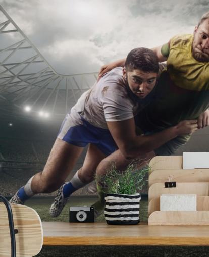 mural de papel de parede de rugby personalizável chamado Scoring a Try para quarto de criança