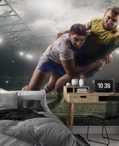 personalisierbare Rugby-Tapete mit dem Titel Scoring a Try für das Kinderzimmer