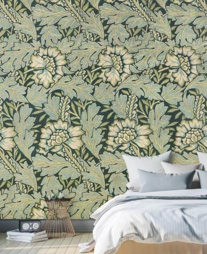 mural verde com estampa floral de William Morris