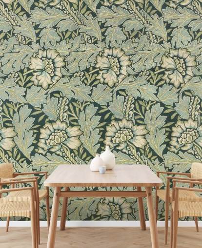 mural verde con estampado floral de William Morris