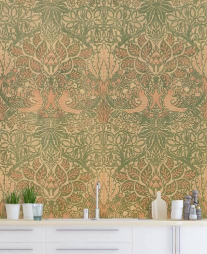 persika och grönt mönster tapet