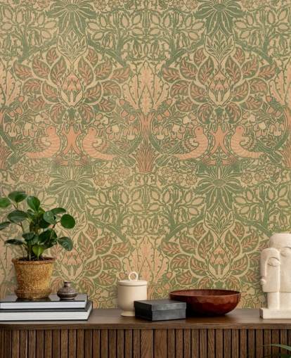 papel de parede padrão de pêssego e verde