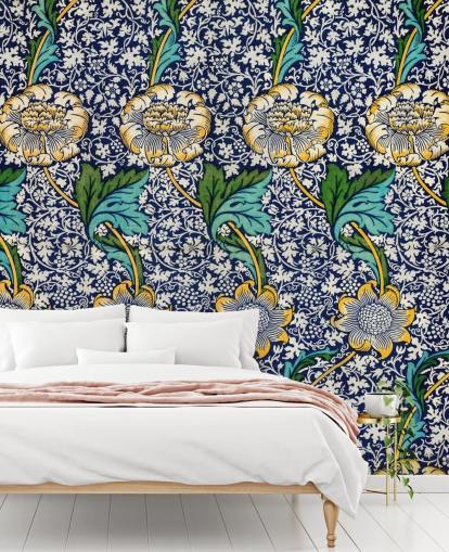 papel de parede com padrão floral azul brilhante