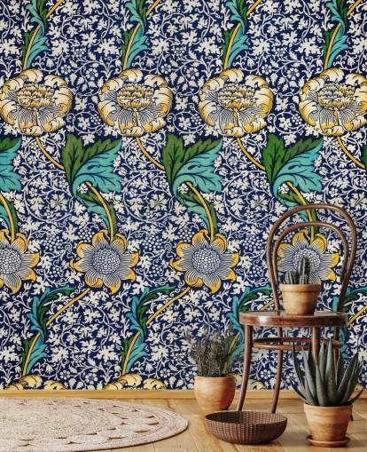 bright blue floral pattern wallpaper